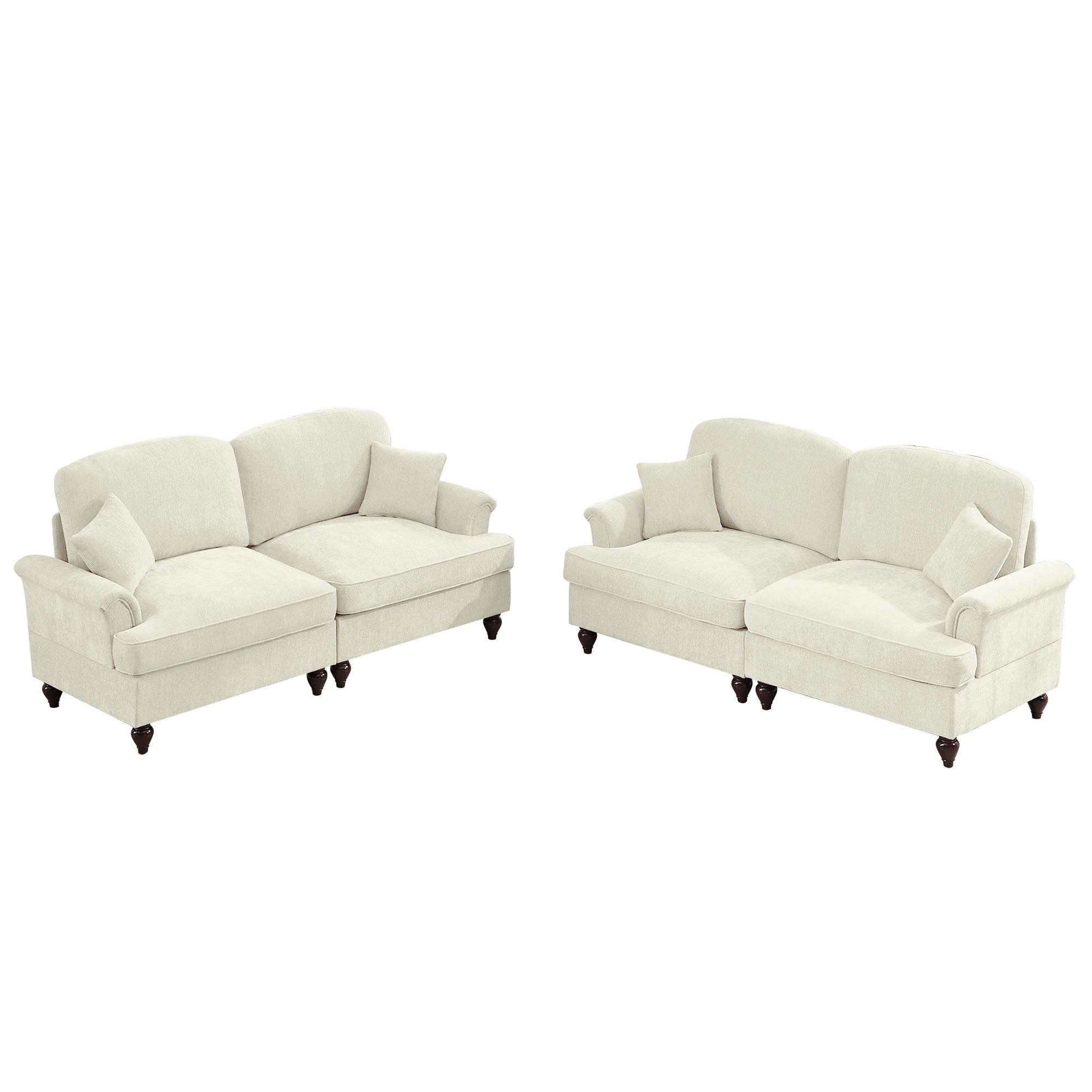 Classic 2 Piece Modular Couch Living Room Sofa Set with Flared Arms and Removable Ruffles Pleats Skirts and Spindle Legs, 2 Seater Sofa + 2-Seat Loveseat Sofa Sets for Living Room, Beige White