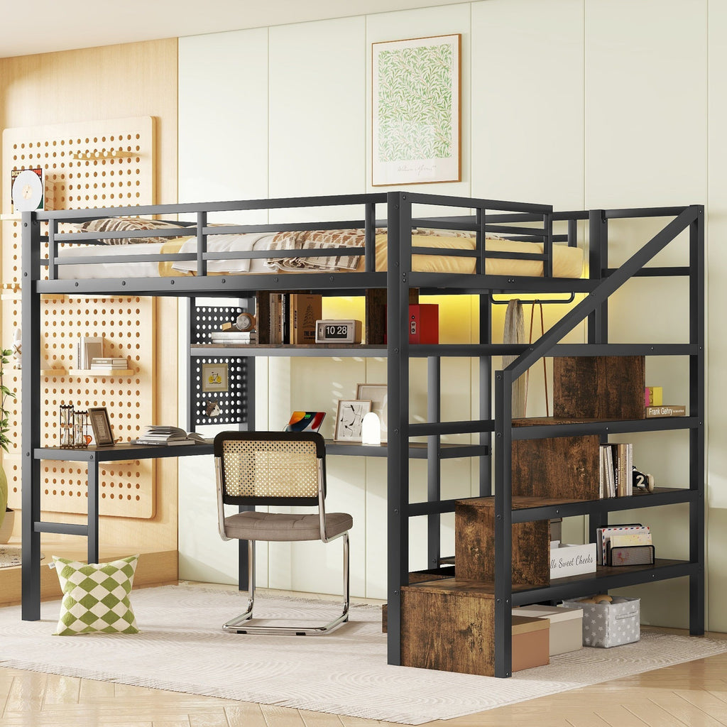 Full Size Loft Bed with LED Light & Charge Station, Metal Loft Bed with Desk and Staircase, Loft bed with Wardrobe for Kids, Black (Expect Arrival Date 2025/4/30)
