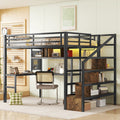 Full Size Loft Bed with LED Light & Charge Station, Metal Loft Bed with Desk and Staircase, Loft bed with Wardrobe for Kids, Black (Expect Arrival Date 2025/4/30)