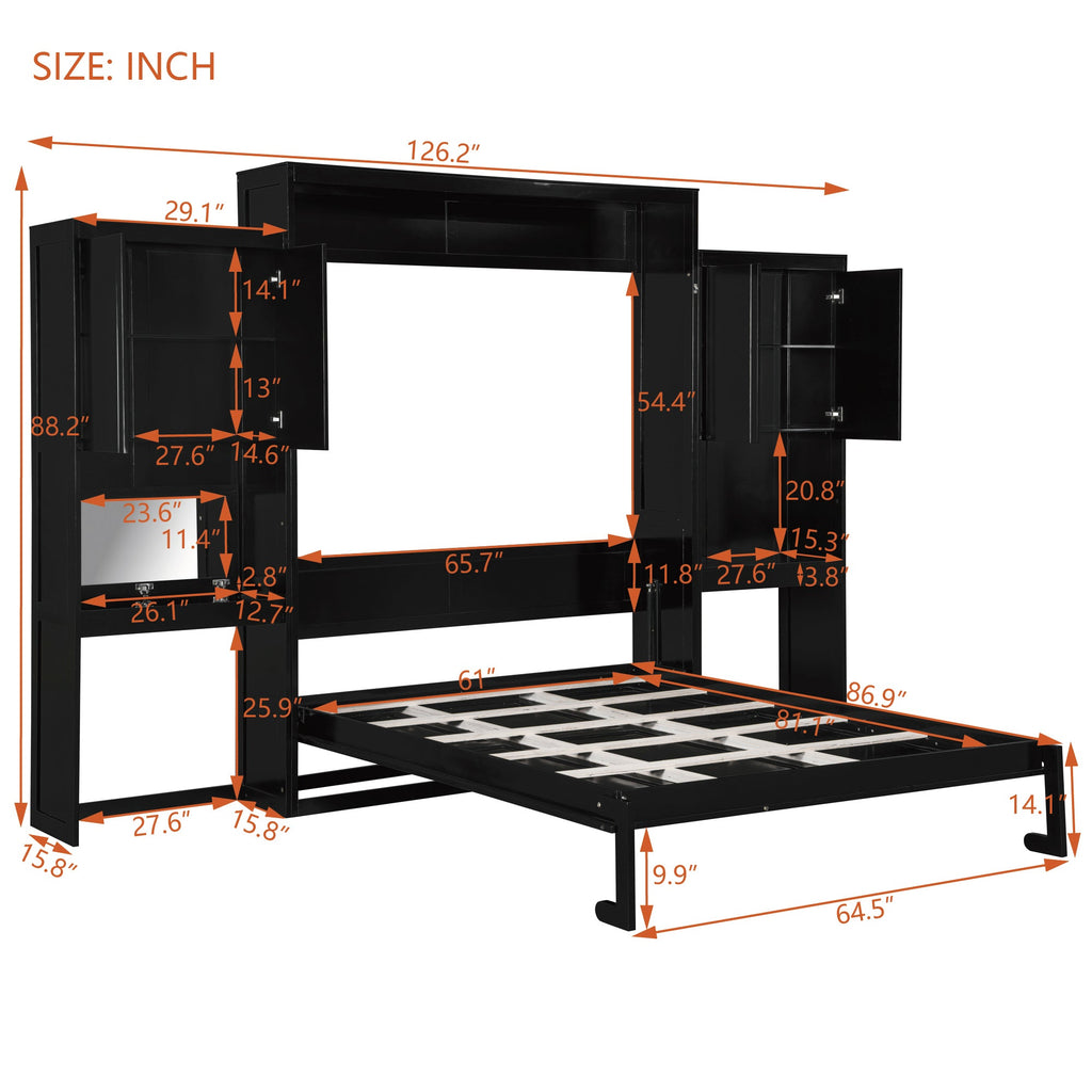 Queen Size Murphy Bed with Desk, Vanity and Cabinets, Espresso(OLD SKU: N820S00057P)