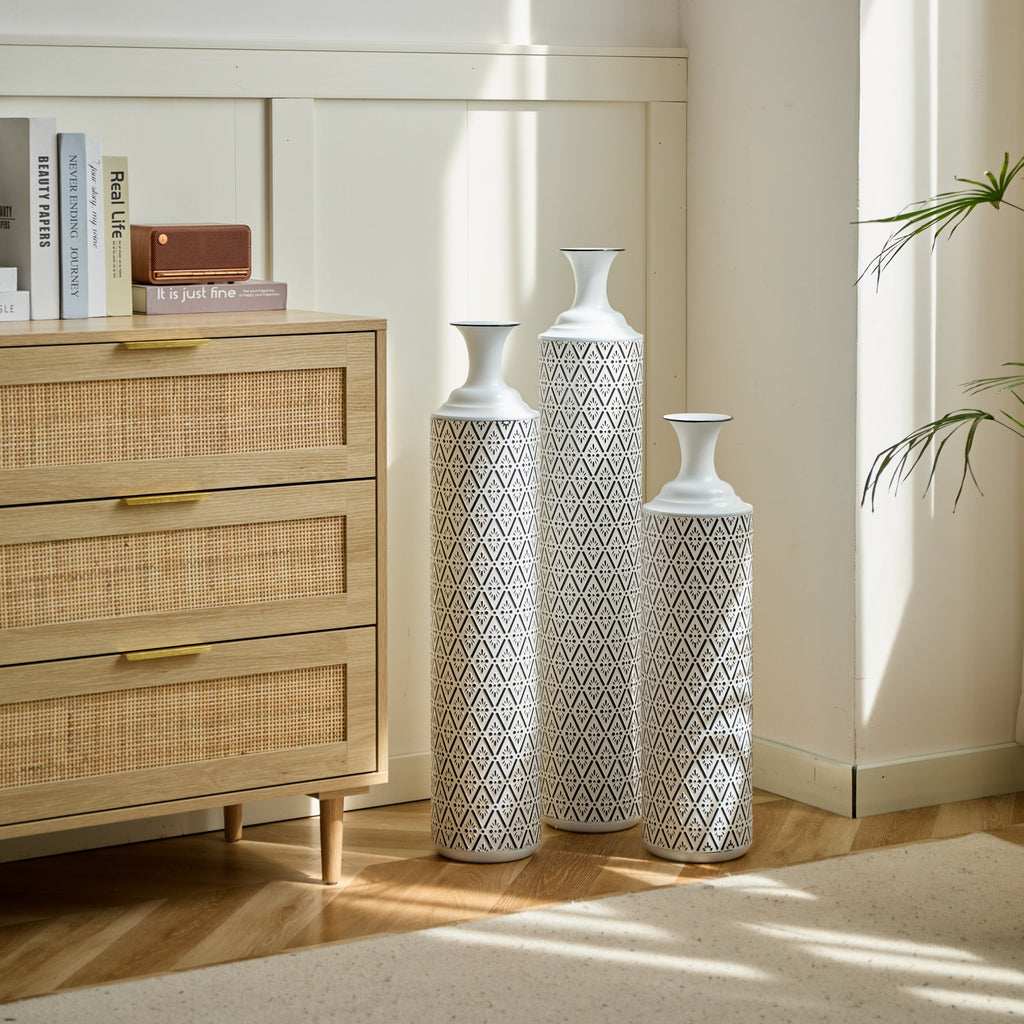 Modern Floor Vase Set – White & Black Metal Vases with Geometric Pattern – 3-Piece Home Decor Set in 24.8 in, 29.13 in & 33.85 in Heights