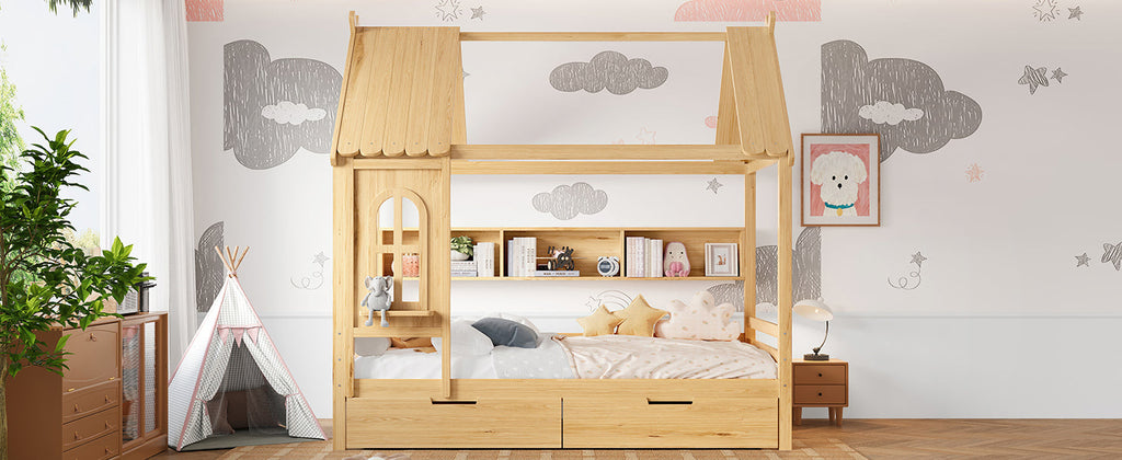 Full house Beds with Storage Drawers and Window, Solid Wood House Platform Bed Frame with shelves, for Kids, Girls, Boys, No Spring Box Needed and Childlike Design, Natural