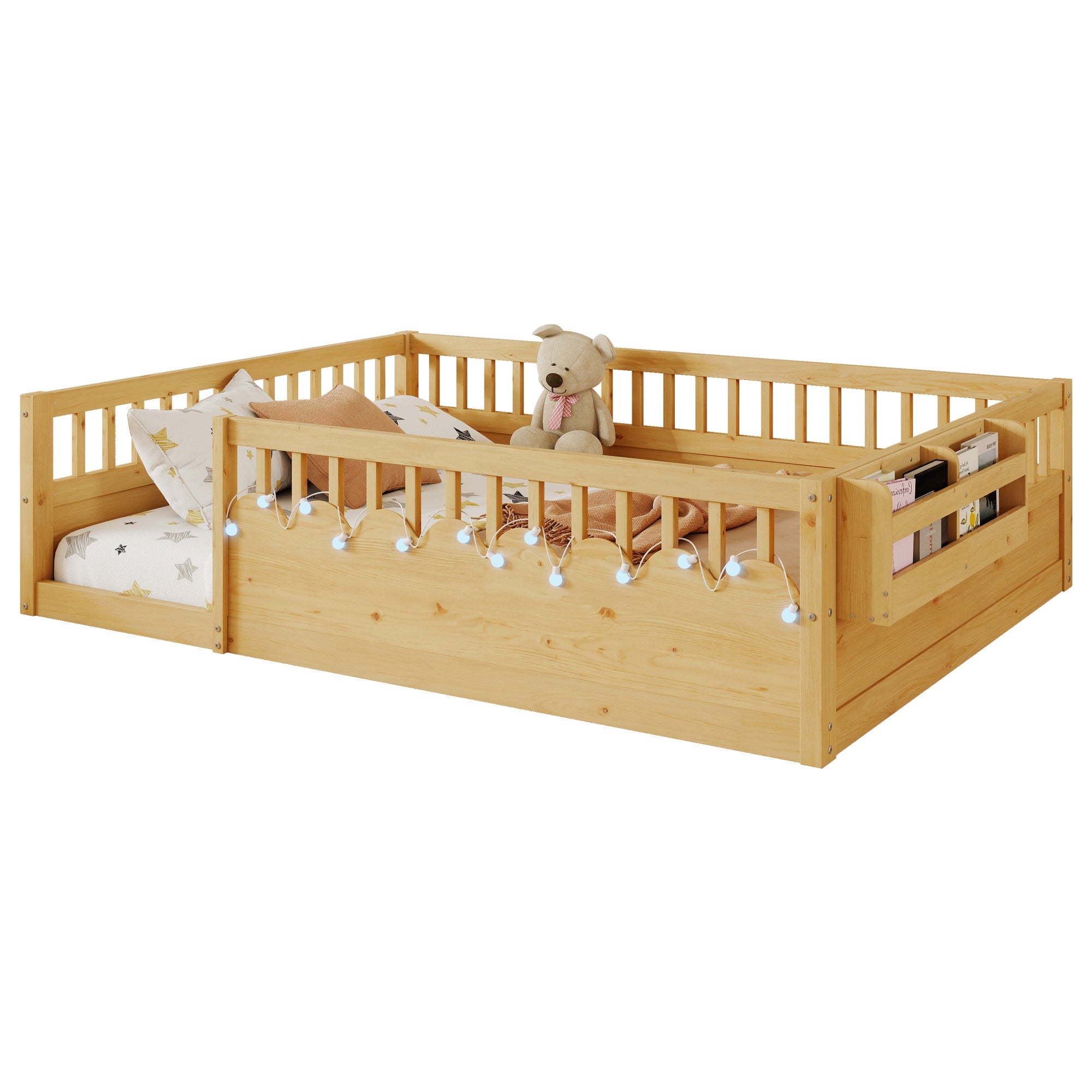 Full Montessori Floor Bed Frame with High Rails, Wood Kids Floor Beds with Light and Storage Shelf, Natural (Expect Arrival Date 2025/8/15)