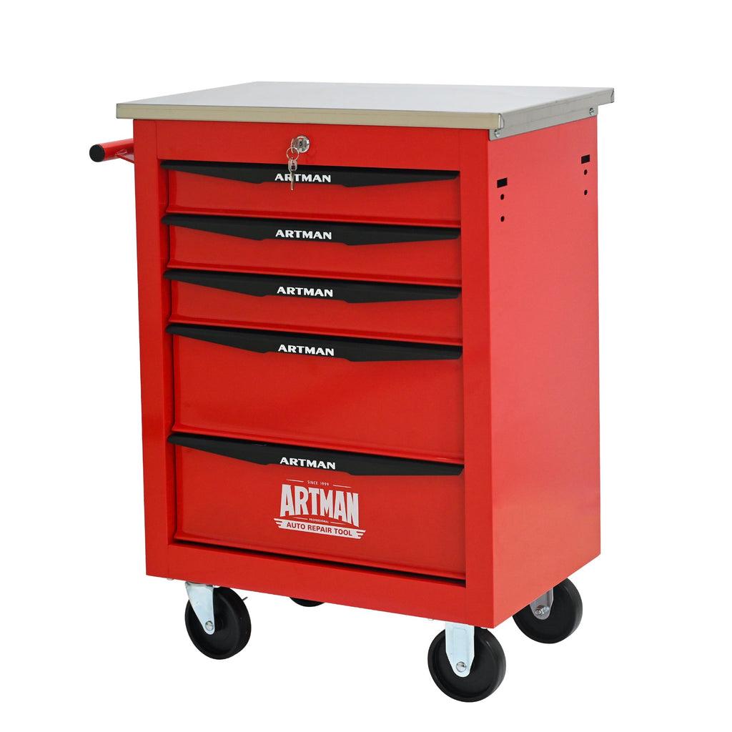 5 Drawers Multifunctional Tool Cart with Wheels,Metal Rolling Tool Cart Storage for Garage Workshop Warehouse Repair Shop--With Stainless Steel Roof--Red&Black