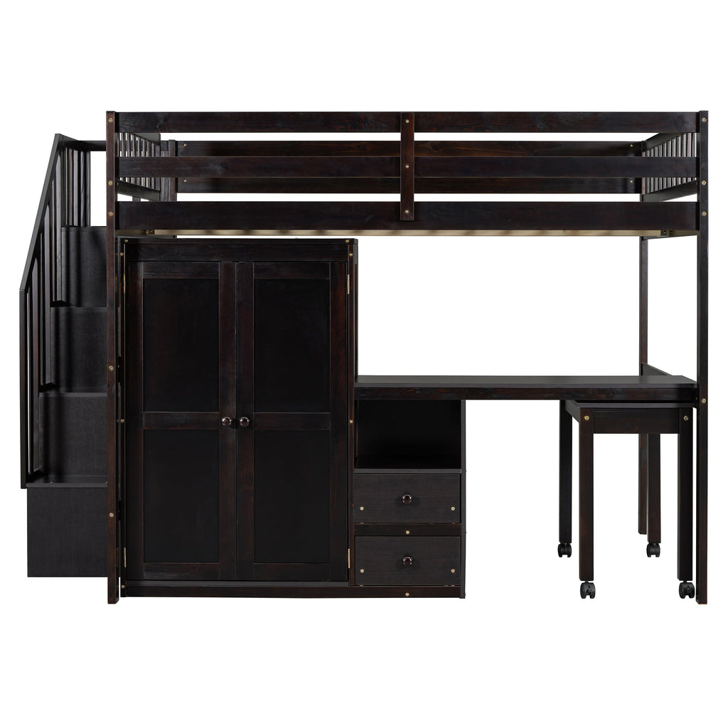 Full Size Loft Bed with Stairs, Bookshelf, Drawers, Desk & Wardrobe – Space-Saving Multifunctional Furniture for Kids & Teens-Espresso