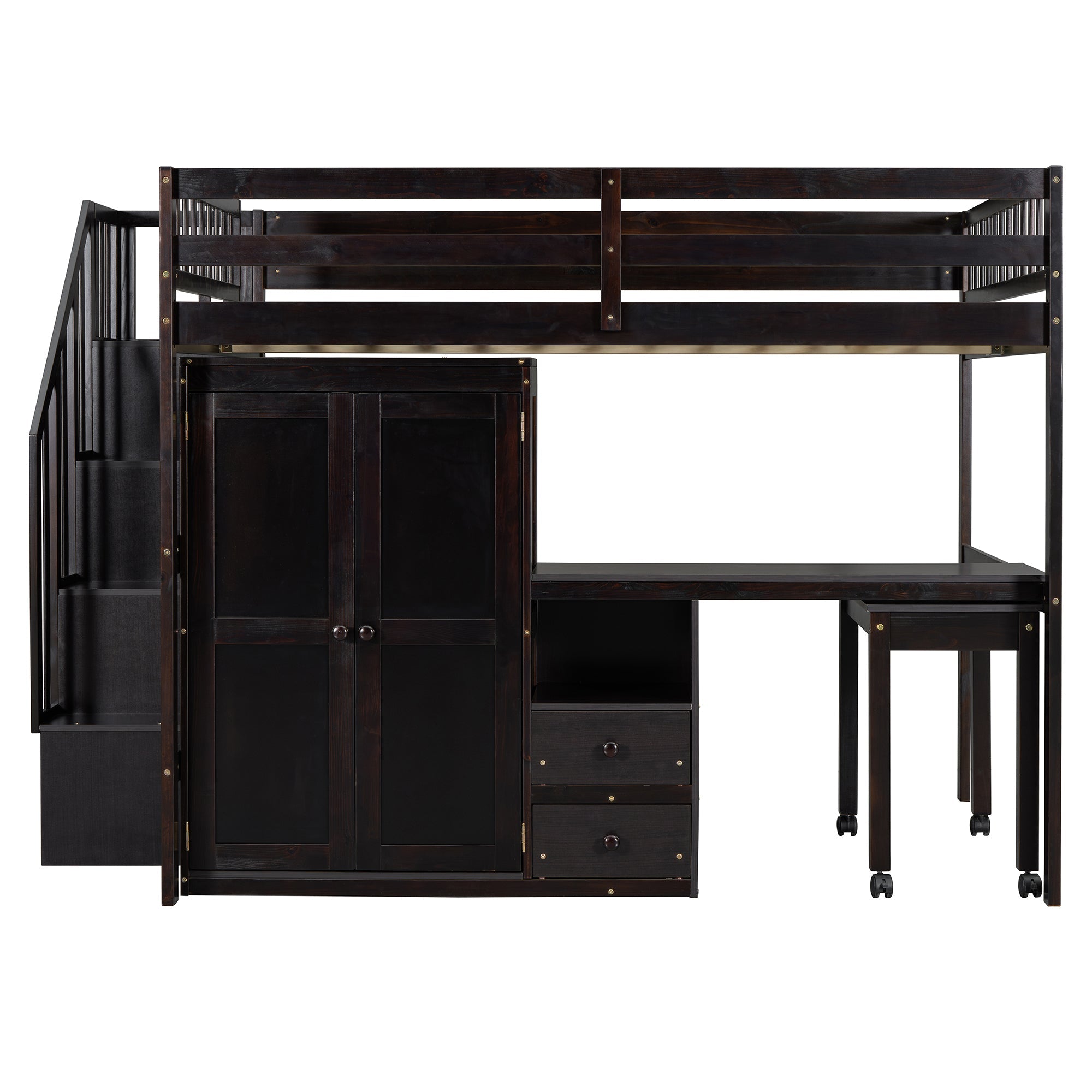 Full Size Loft Bed with Stairs, Bookshelf, Drawers, Desk & Wardrobe – Space-Saving Multifunctional Furniture for Kids & Teens-Espresso
