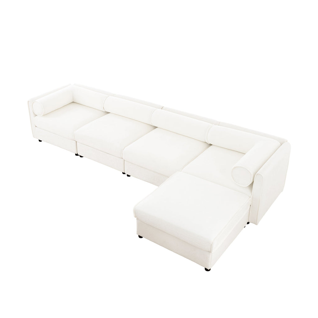Modular Sectional Sofa with Storage, Cylindrical Backrest and Armrests Deep Comfortable Seating,Durable and Supportive for Living Room,4 Seat L- Shaped Sofa, White