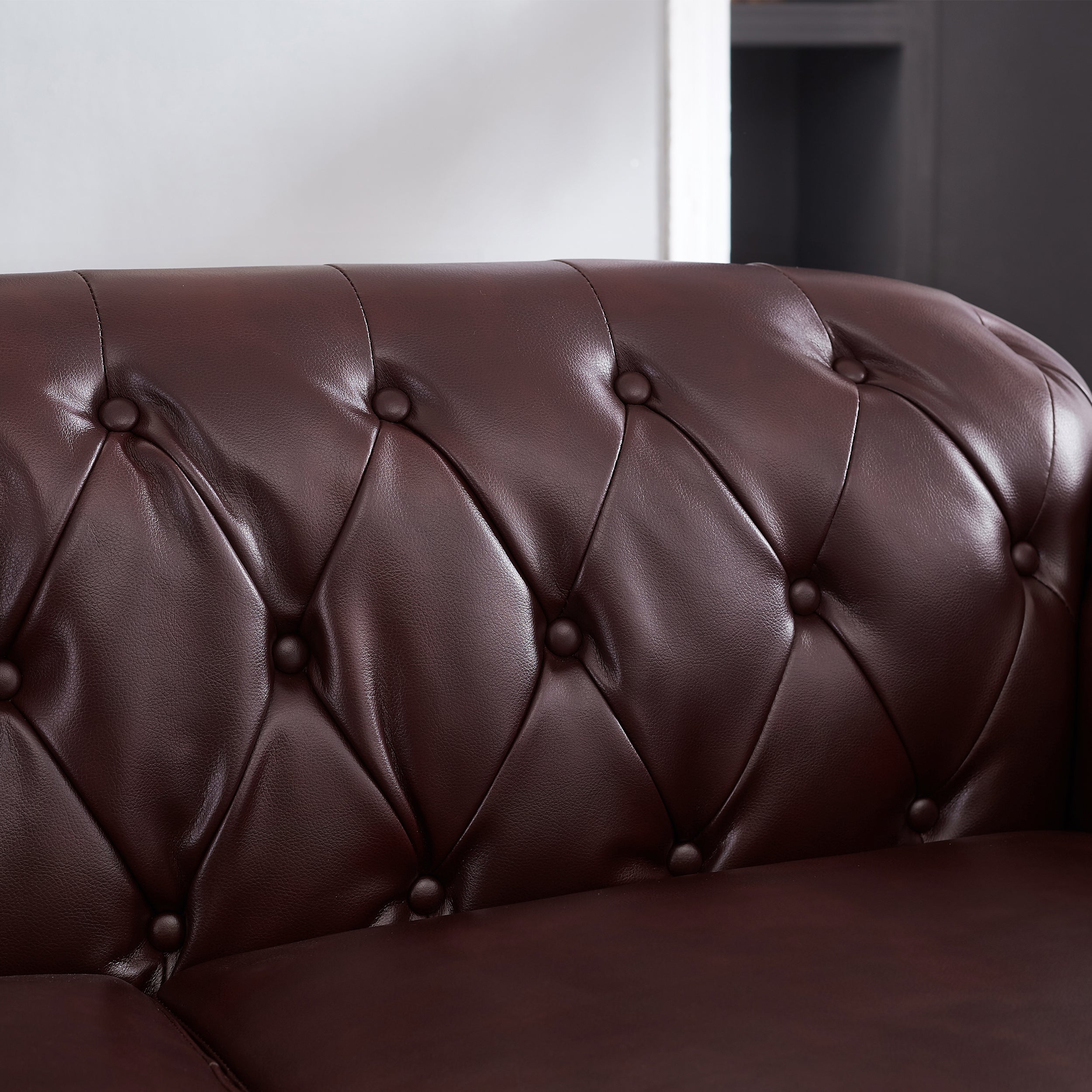 85.8' Living Room Chesterfield Sofa Classic Tufted Design Faux Leather PU Upholstered Sofa with Storage (Burgundy)