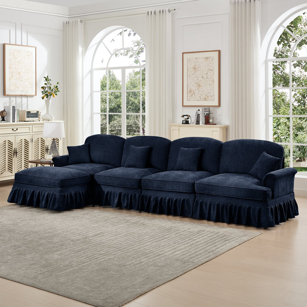 Classic Three Seater Modular L Shaped Sectional Couch with Flared Arms and Removable Ruffles Pleats Skirts and Spindle Legs, Comfy Chenille Four-Seat Deep Seat Sofa with Movable Ottoman, Blue