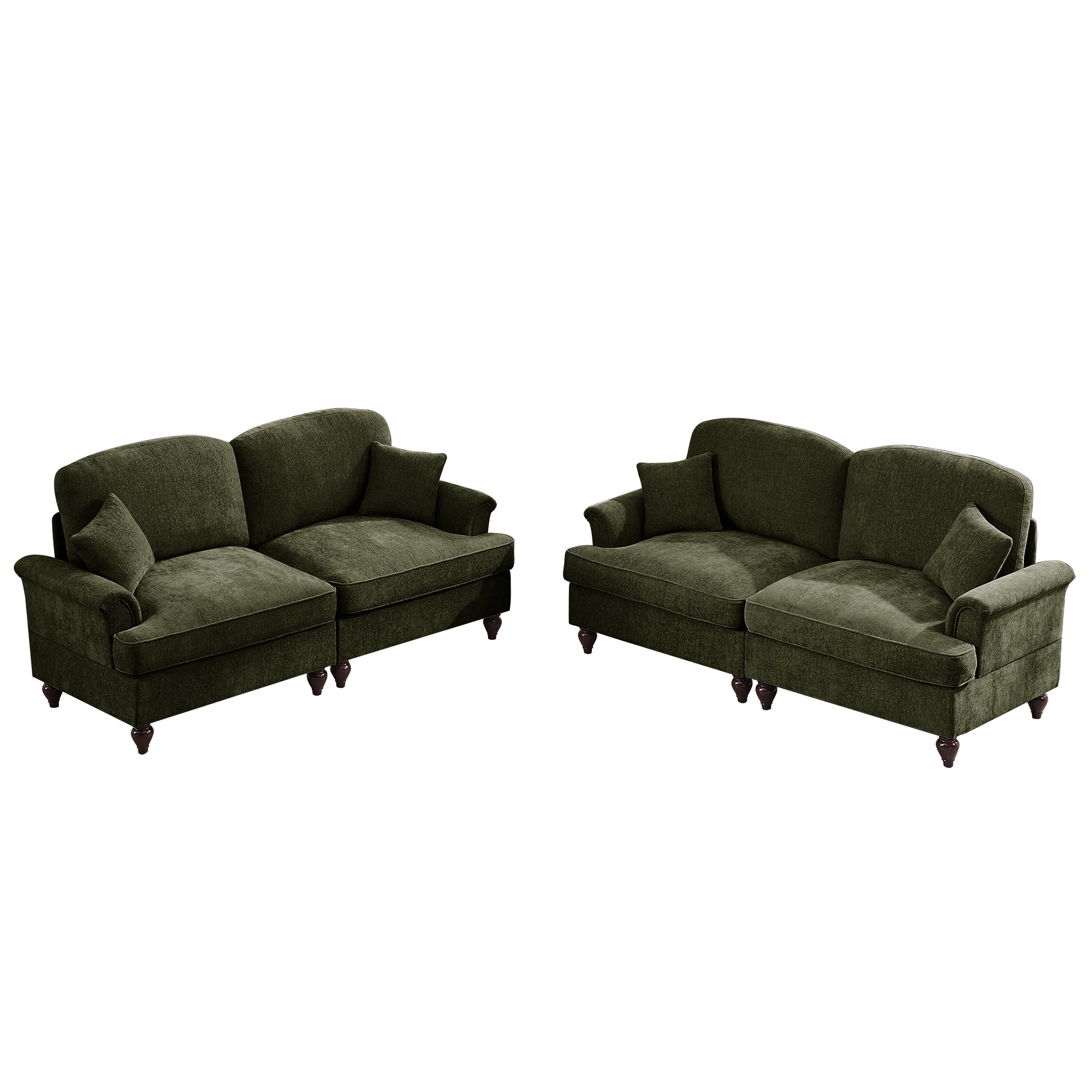 Classic 2 Piece Modular Couch Living Room Sofa Set with Flared Arms and Removable Ruffles Pleats Skirts and Spindle Legs, 2 Seater Sofa + 2-Seat Loveseat Sofa Sets for Living Room,Green