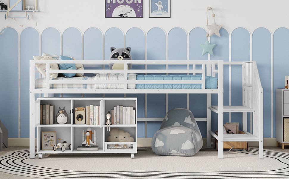 Twin Metal Loft Bed with Storage Cubby, Low Metal Loft Bed with Stairs for Kids, White, Expect Arrival Date 2025/11/10