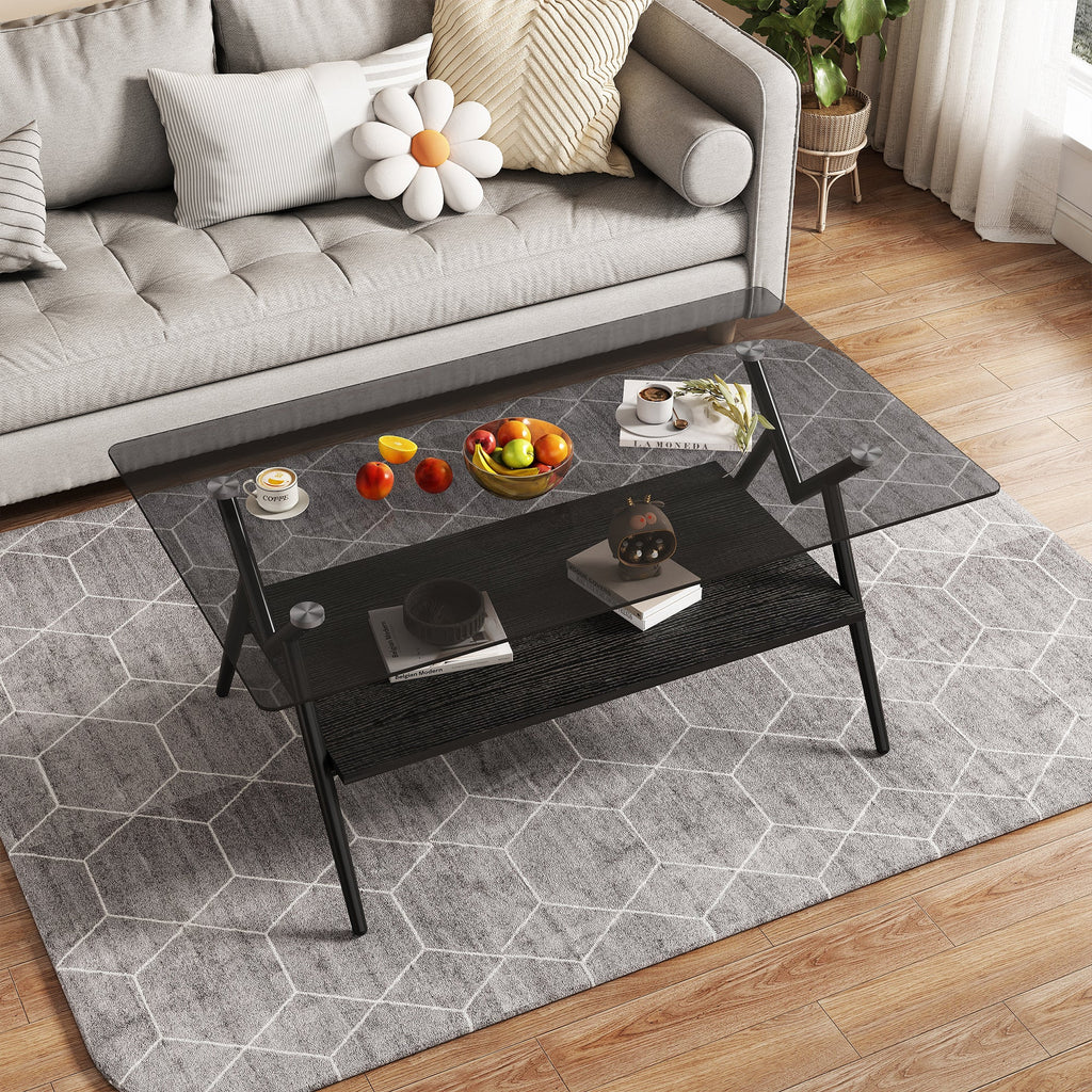 Rectangle Coffee Table with Tempered Glass top and Black MDF Shelf, Modern Table for Living Room, Gray Glass