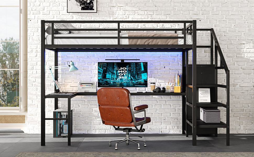 Full Size Loft Bed with L-shaped Desk and USB, Metal Loft Bed with Wardrobe and Adjustable Shelf, High Loft Bed with LED for Kids Teens Adults, Black