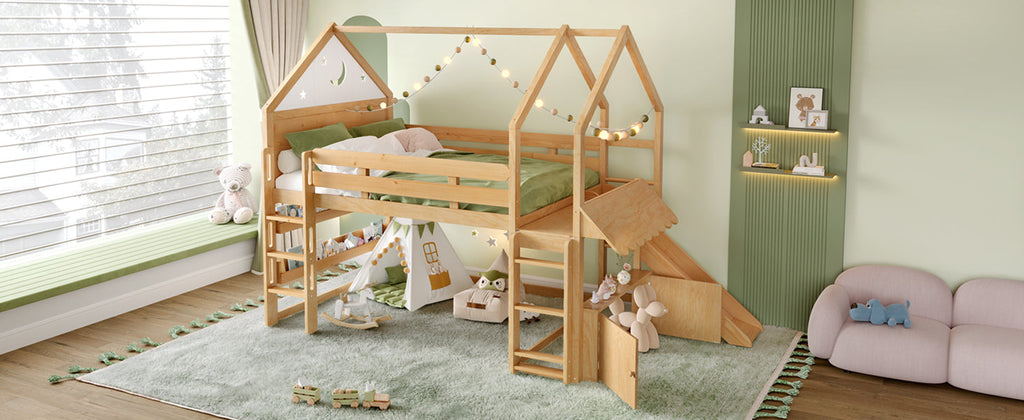 Full Size Loft Bed with Bookshelf Playful Design for Kids House-Shaped Structure with Slide High-Quality Safety Rails,Natural