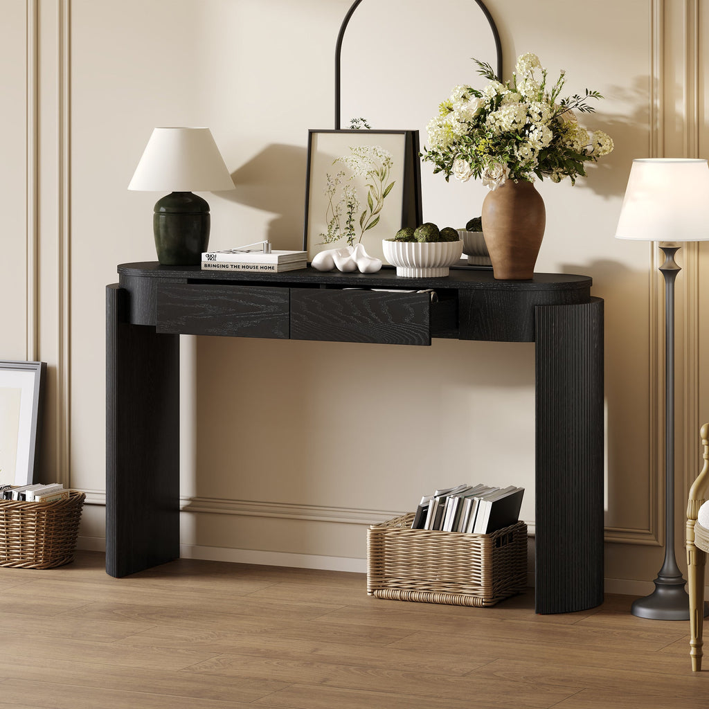 TREXM Entryway Table with Natural Wood Grain Finish, Console Table with Fluted Design, Oval Top and 2 Drawers for Entryway and Living Room (Black)