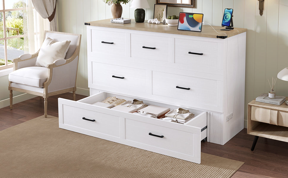 Murphy Bed Cabinet Queen Size with Charging Station, Multi-Functional Foldable Platform Bed with 1 Large Storage Drawer for Guest Room, Small Bedroom, White