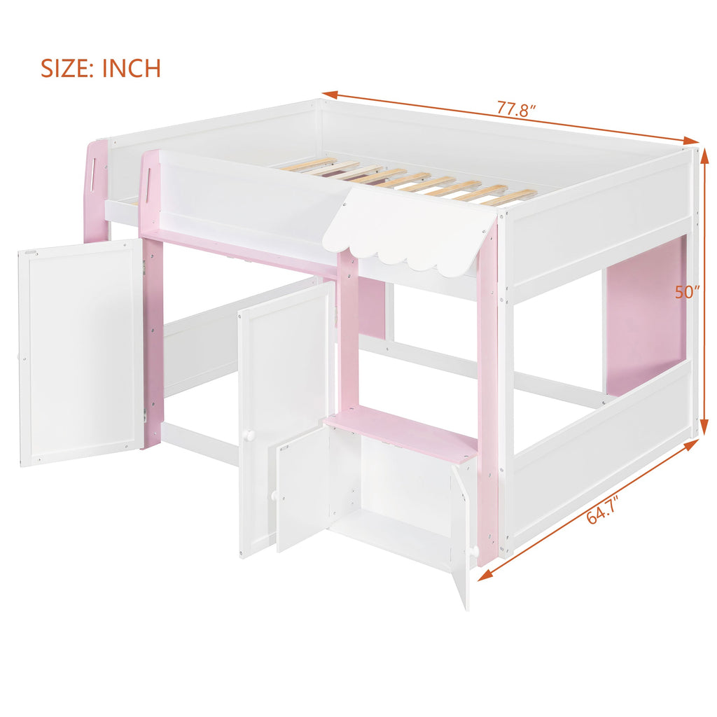 Full Loft House Bed with Playhouse & Storage, Modern Wood Cabin Bed for Kids/Teens, White+Pink