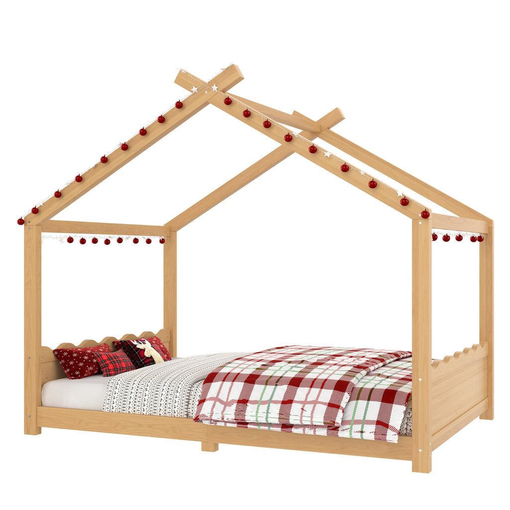 Full House Floor Bed with Support Slats, Solid Wood House Bed Frame for Kids, No Box Spring Needed and Opening Constructure, Natural