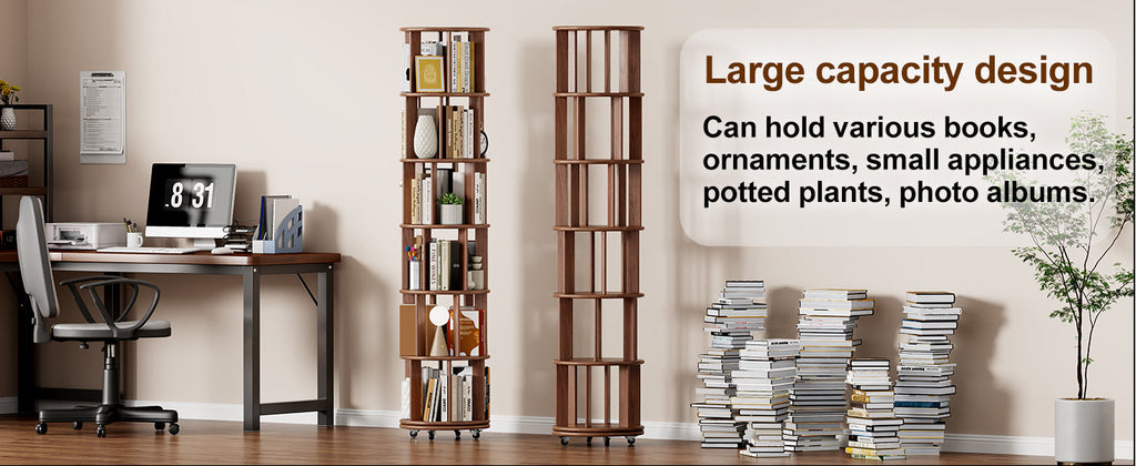 100%Solid Wood Rotating Bookshelf on Wheels, 6 Tier, Round Revolving Bookcase, 360° Spinning Book Shelf Tower for Kids, Narrow Rolling Bookshelves for Small Space, Corner, Bedroom, Office, Walnut