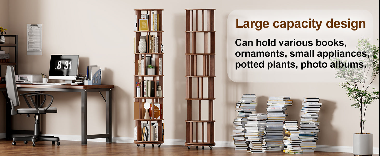 100%Solid Wood Rotating Bookshelf on Wheels, 6 Tier, Round Revolving Bookcase, 360° Spinning Book Shelf Tower for Kids, Narrow Rolling Bookshelves for Small Space, Corner, Bedroom, Office, Walnut