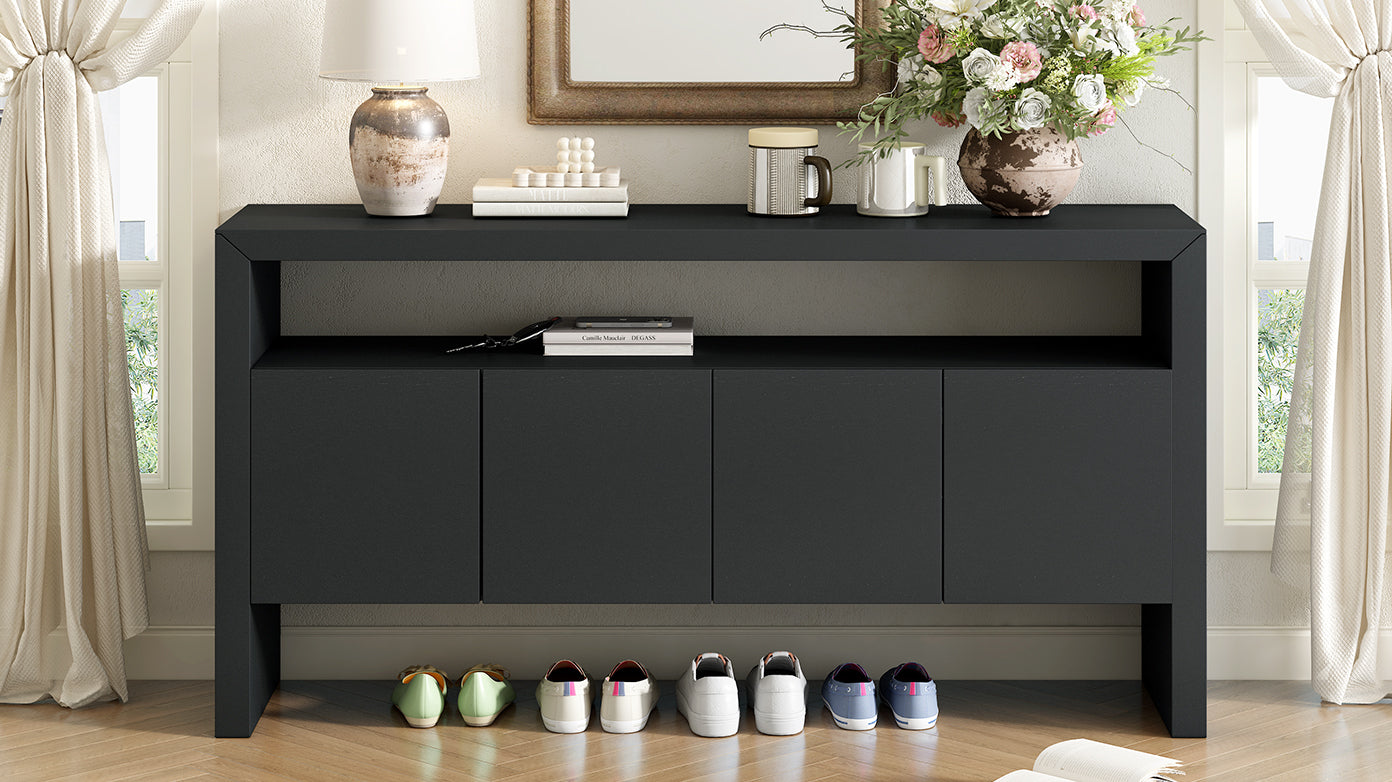 U_Style 60' 4-Door Sideboard, Modern Minimalist Solid Wood Veneer Sideboard with Open Shelf, Natural Wood Grain, Large Capacity Storage Console for Living Room, Hallway, Dining (Black/Natural)