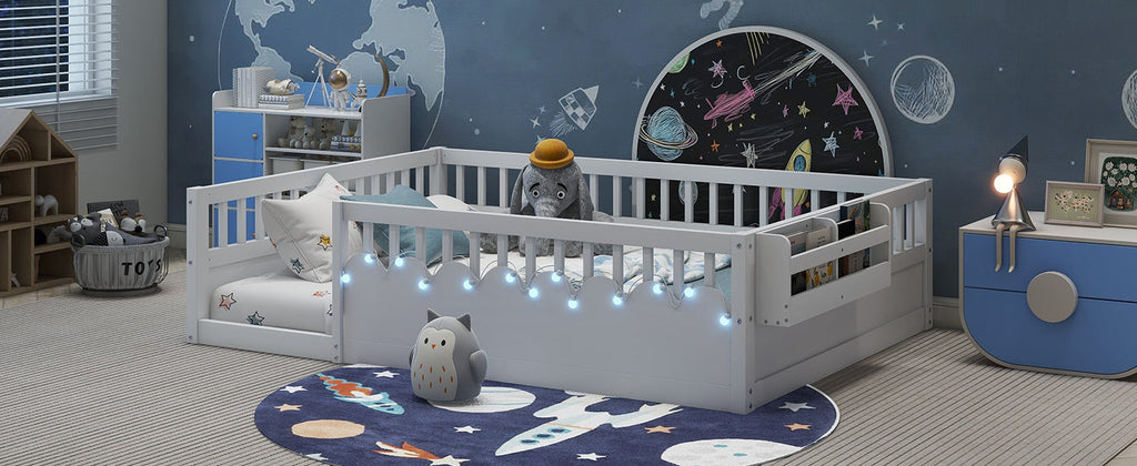 Full Montessori Floor Bed Frame with High Rails, Wood Kids Floor Beds with Light and Storage Shelf, White (Expect Arrival Date 2025/8/15)
