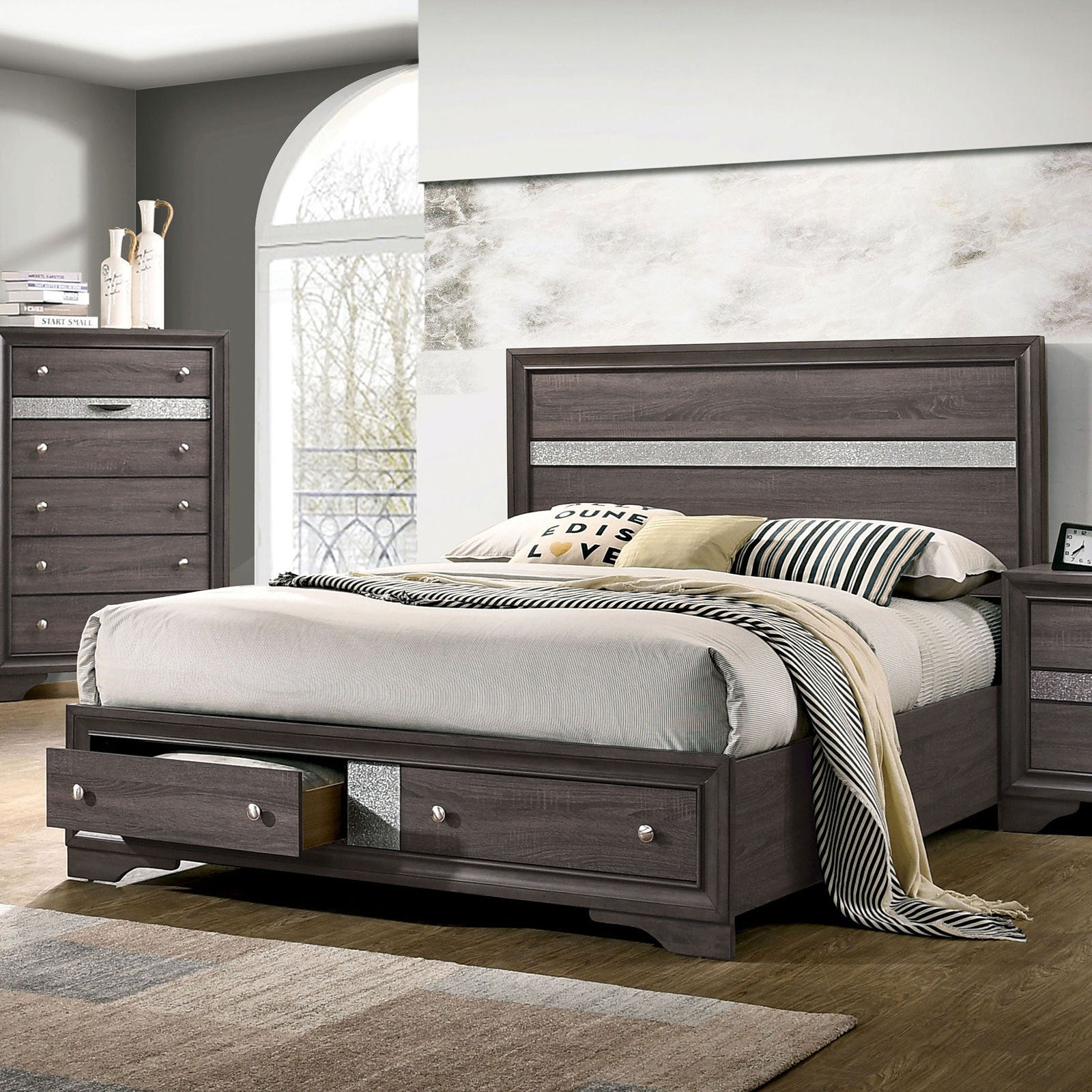 Contemporary Gray Color Panel Headboard 1pc Queen Size Bed w Drawers Beautiful Bedroom Furniture