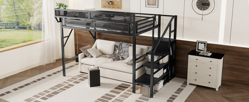 Twin XL Size Loft Bed with Stairs, Metal Full Loft Bed with Storage Shelves, High Loft Bed with Wardrobe for Kids Teens, Black(Expect Arrival Date 2025/10/14)
