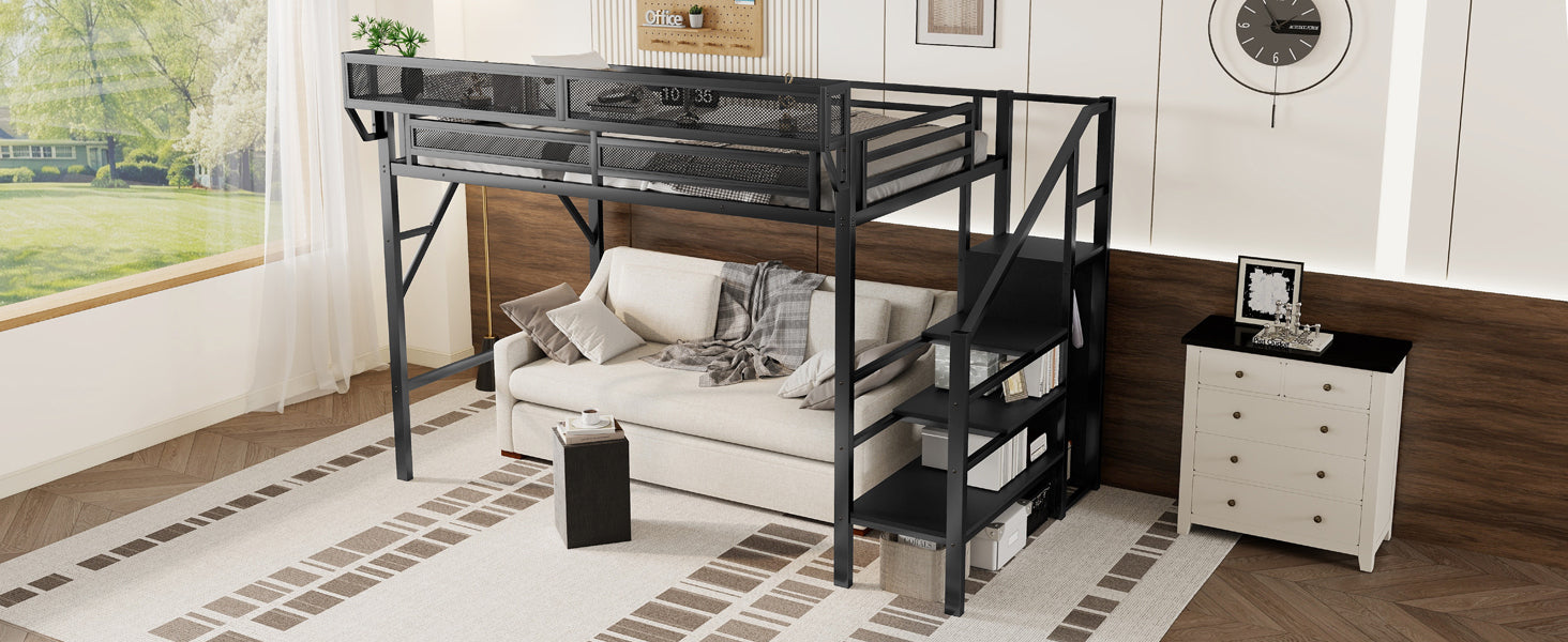 Twin XL Size Loft Bed with Stairs, Metal Full Loft Bed with Storage Shelves, High Loft Bed with Wardrobe for Kids Teens, Black(Expect Arrival Date 2025/10/14)