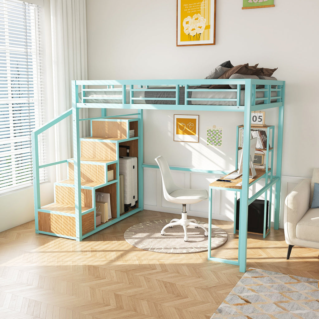 Heavy Metal Frame Full Loft Bed with Desk & Storage, 4 Cabinets, Staircase, Rack Space-Saver for Kids/Teens, Green Color