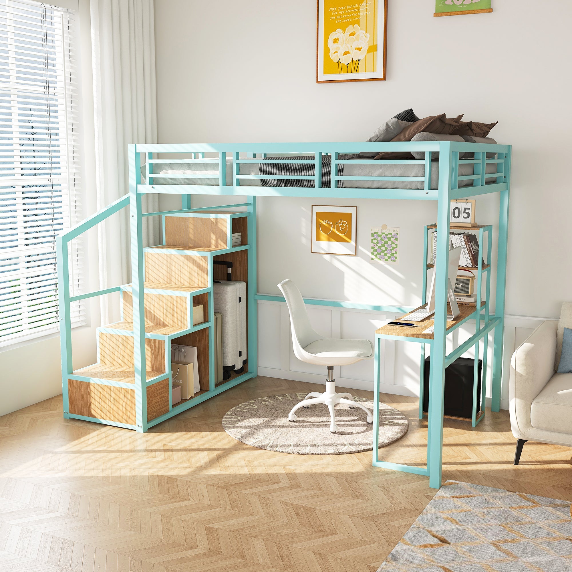 Heavy Metal Frame Full Loft Bed with Desk & Storage, 4 Cabinets, Staircase, Rack Space-Saver for Kids/Teens, Green Color