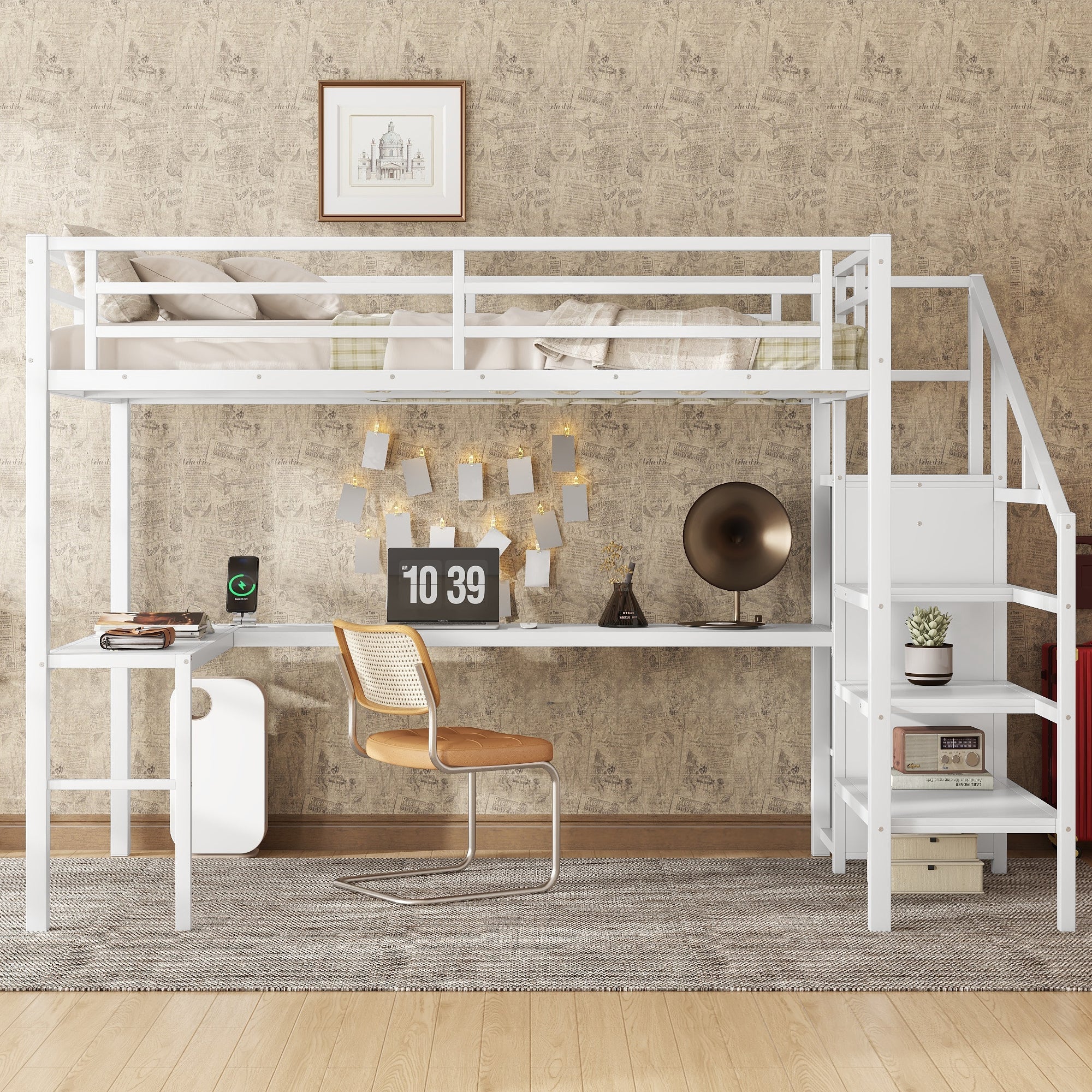Full Size Loft Bed with L-shaped Desk and USB, Metal Loft Bed with Wardrobe and Adjustable Shelf, High Loft Bed with LED for Kids Teens Adults, White