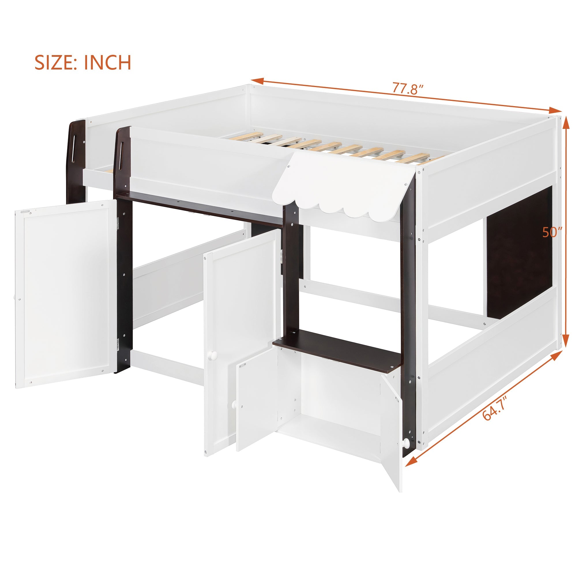 Full Loft House Bed with Playhouse & Storage, Modern Wood Cabin Bed for Kids/Teens, White+Espresso