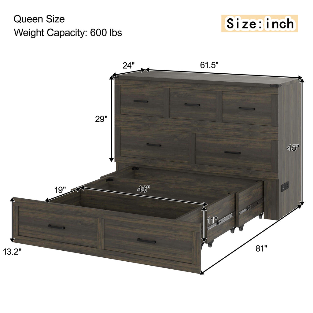 Murphy Bed Cabinet Queen Size with Charging Station, Multi-Functional Foldable Platform Bed with 1 Large Storage Drawer for Guest Room, Small Bedroom, Rustic Gray