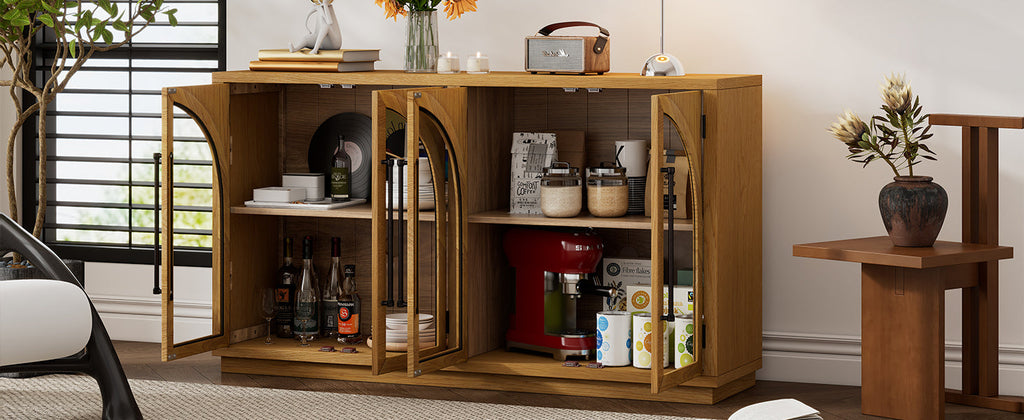 TREXM 4-Door Large Storage Sideboard Buffet Cabinet with Glass Doors, Arched Cabinet with Adjustable Shelves for Kitchen, Dining Room and Living Room (Natural Wood)