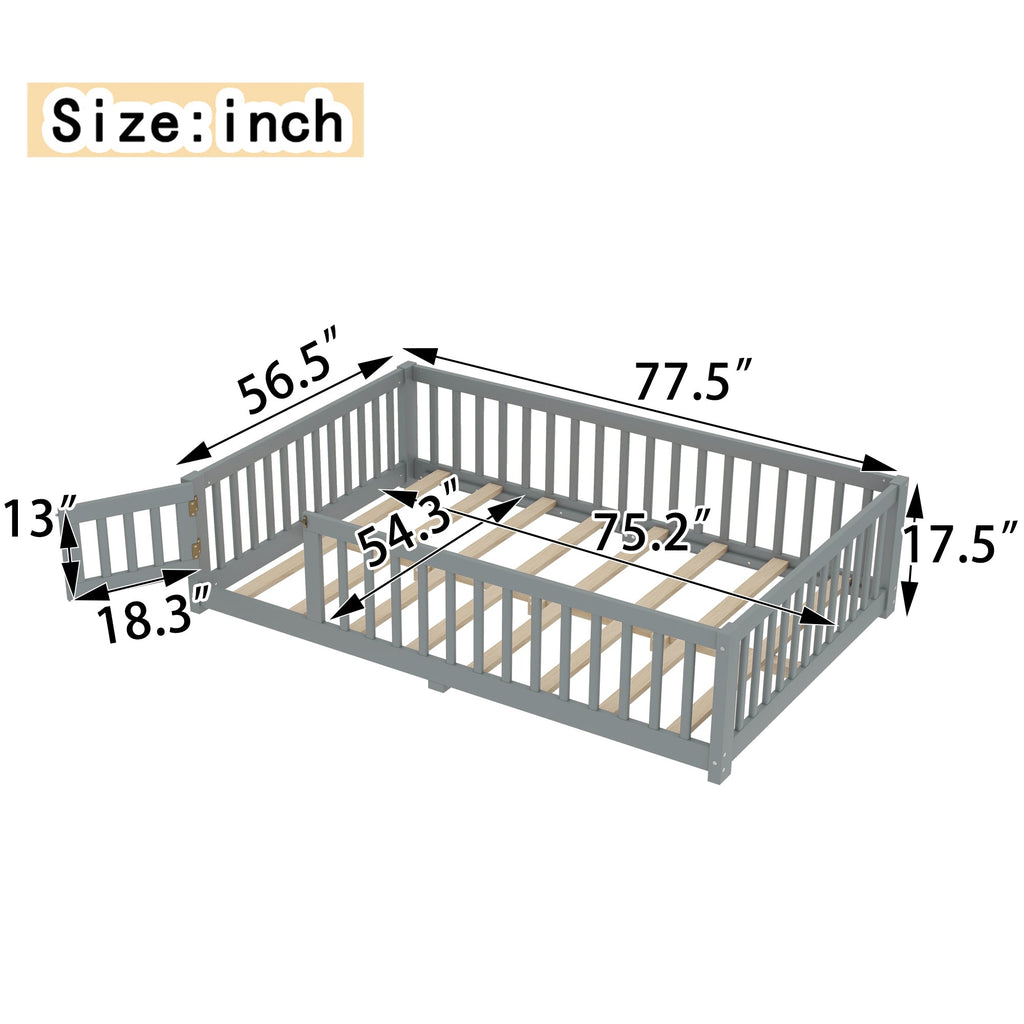 Full Size Bed Floor Bed with Safety Guardrails and Door for Kids, Gray(Old SKU: W1580P154626)