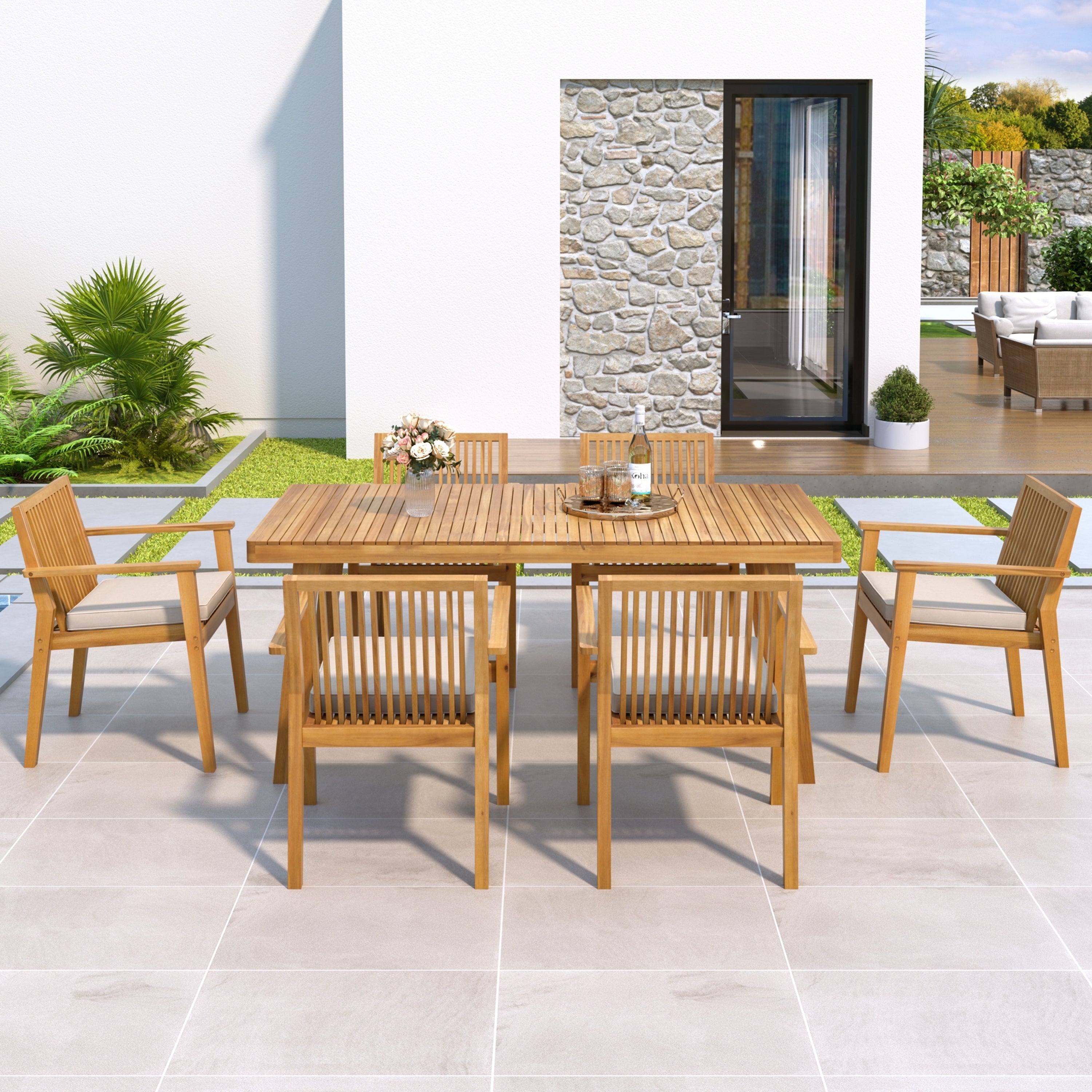 Durable 7 - Piece Patio Furniture Set Acacia Wood Table and 6 Heavy-Duty Cushioned Chairs, Natural