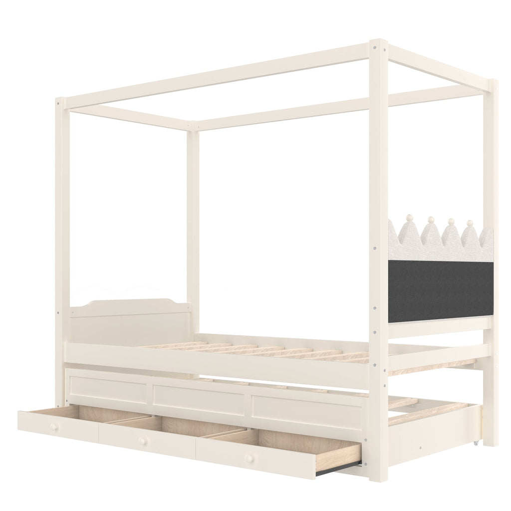 Twin Platform Bed with Upholstered Headboard,Twin Size Trundle and 3 Drawers,Princess Canopy Bed Frame for Kids,Storage & Easy Assembly,Beige