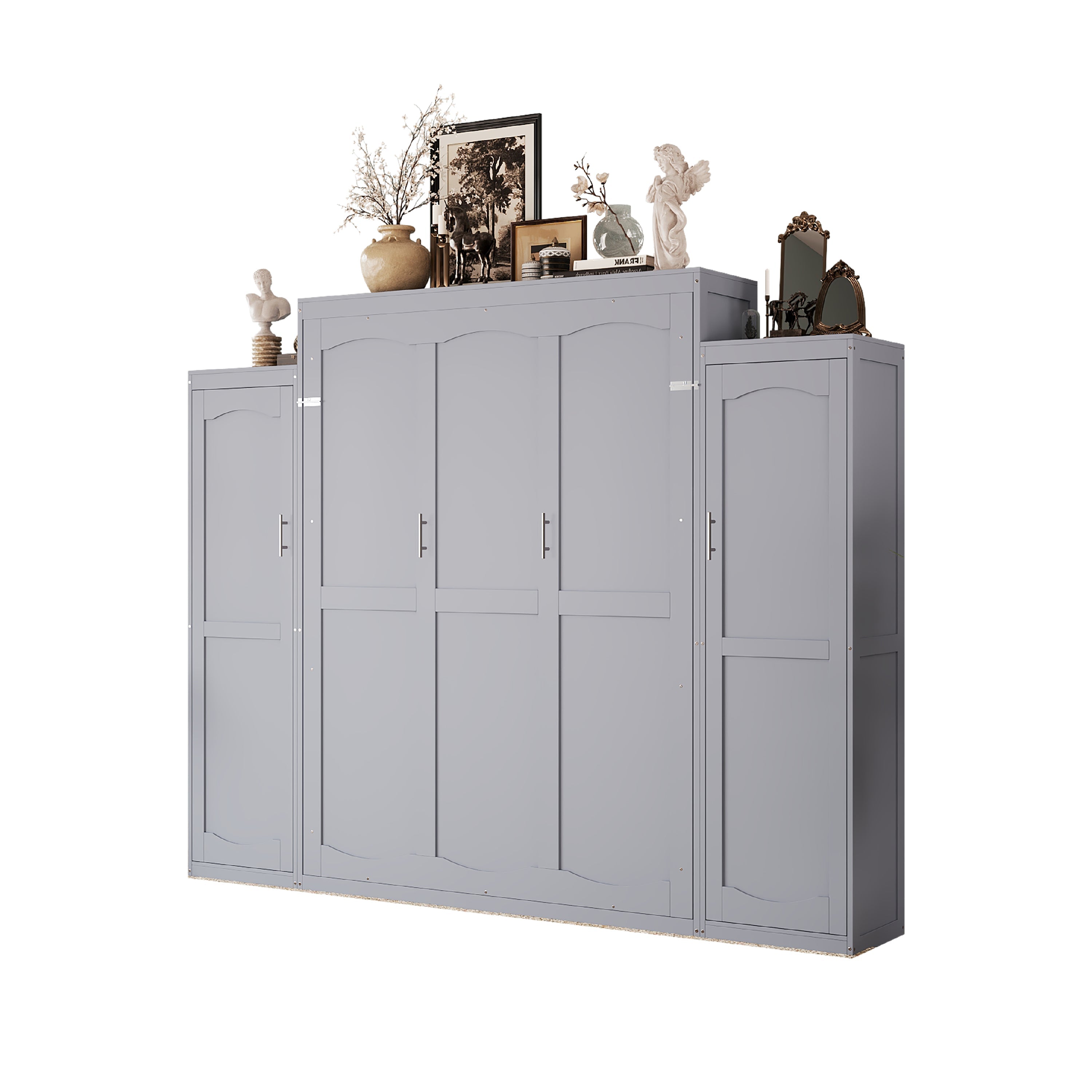 Queen Size Murphy Bed, Wooden Queen Wall Bed with 2 Wardrobe and Storage Shelf, Multifunctional Foldable Platform Bedframe for Guest-Room, Bedroom, Gray