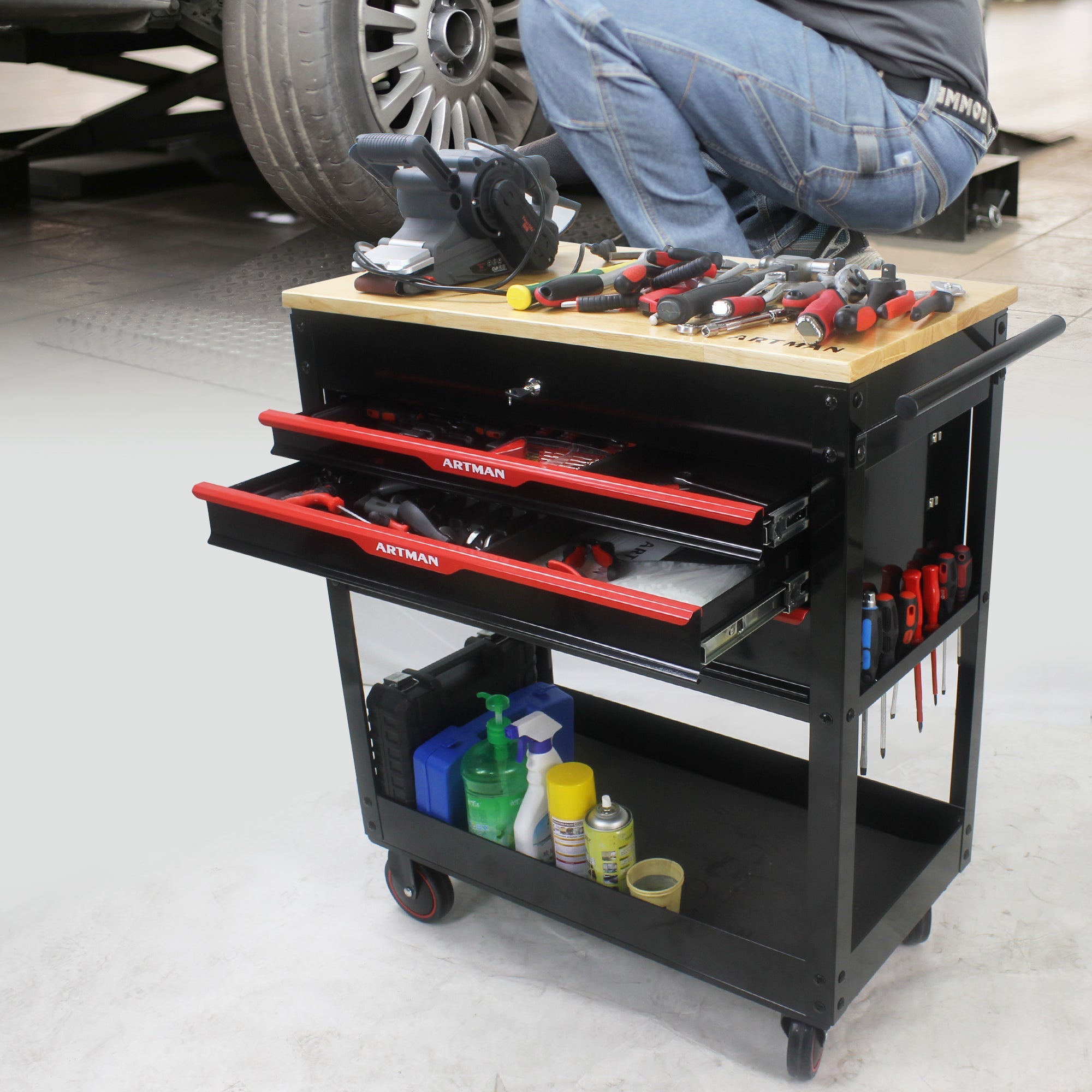 3 DRAWERS MULTIFUNCTIONAL TOOL CART WITH WHEELS AND WOODEN TOP--BLACK&RED