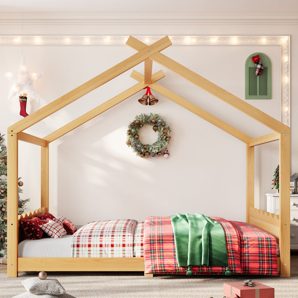 Queen House Floor Bed with Support Slats, Solid Wood House Bed Frame for Kids, No Box Spring Needed and Opening Constructure, Natural