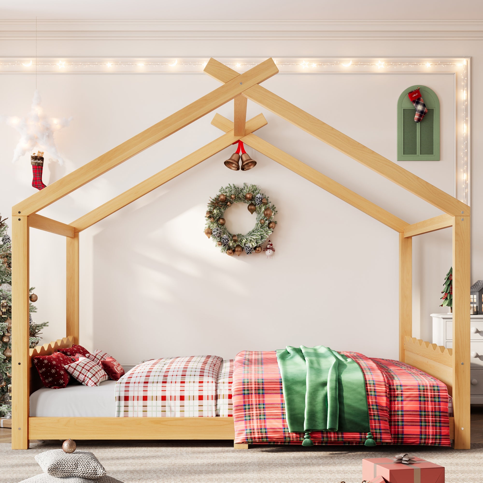 Queen House Floor Bed with Support Slats, Solid Wood House Bed Frame for Kids, No Box Spring Needed and Opening Constructure, Natural