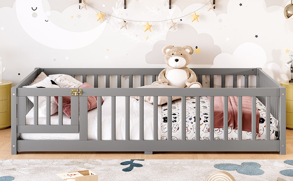 Full Size Bed Floor Bed with Safety Guardrails and Door for Kids, Gray(Old SKU: W1580P154626)