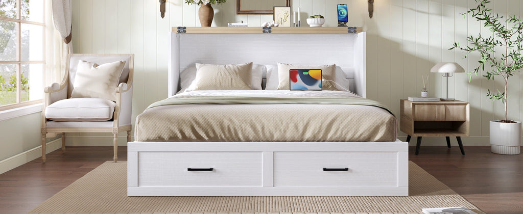 Murphy Bed Cabinet Queen Size with Charging Station, Multi-Functional Foldable Platform Bed with 1 Large Storage Drawer for Guest Room, Small Bedroom, White