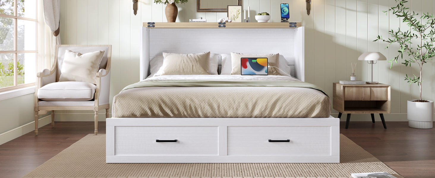 Murphy Bed Cabinet Queen Size with Charging Station, Multi-Functional Foldable Platform Bed with 1 Large Storage Drawer for Guest Room, Small Bedroom, White