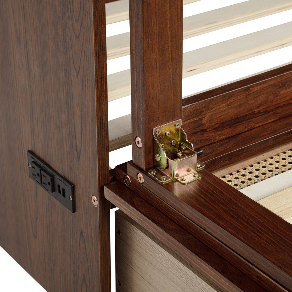 Queen Size Murphy Bed, Pine Wood Cabinet Bed with Power Station and Rattan Decoration Panel,Walnut