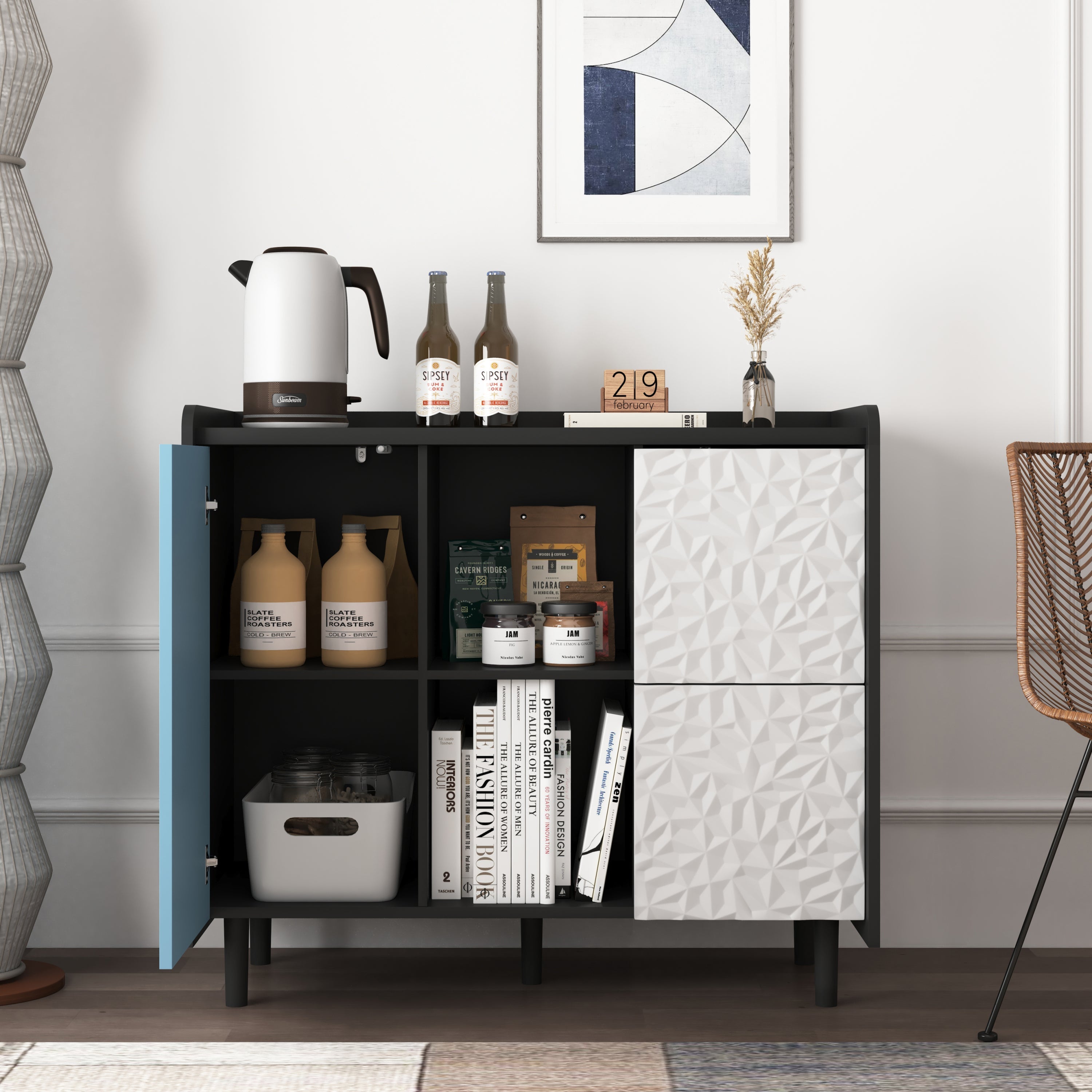Sideboard Buffet Cabinet, Black Storage Cabinet with Red Doors , 2 Drawers with unique panel styling and 2 Open Storage Compartment, Modern Coffee Bar Cabinet Accent Cabinet for Kitchen, Dining Room,