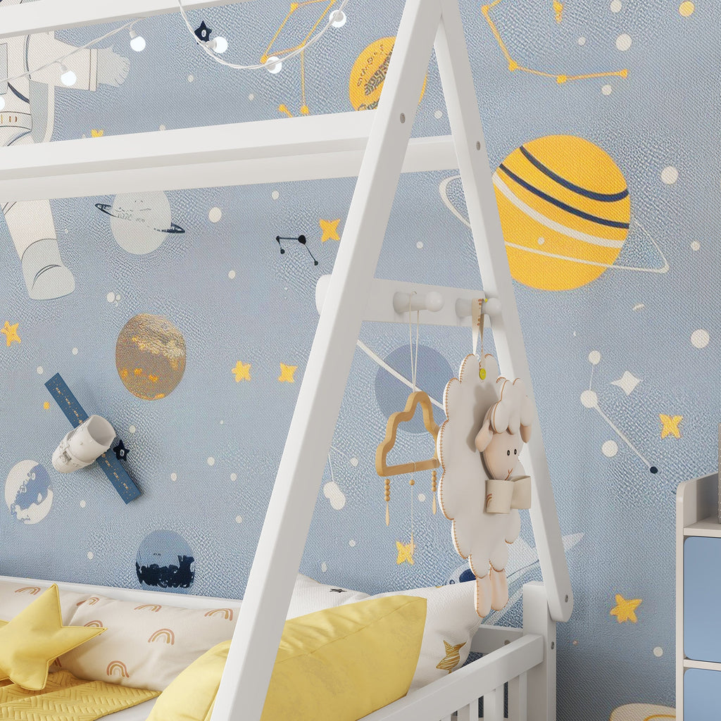 Twin House Bed with Light, Low Floor House Bed with Fence and Roof for Kids Boys Girls,White(Expect arrive date 2025/7/20)