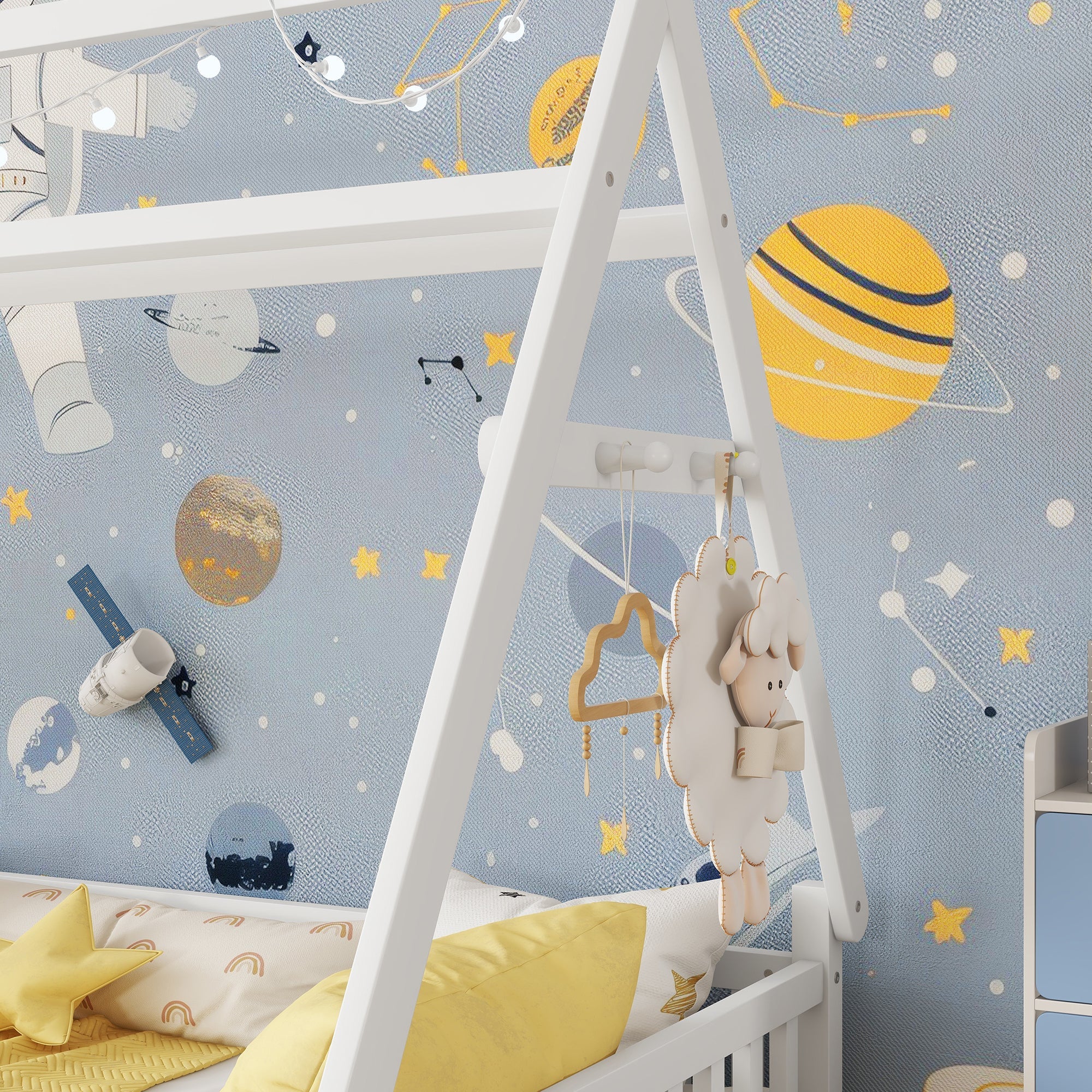 Twin House Bed with Light, Low Floor House Bed with Fence and Roof for Kids Boys Girls,White(Expect arrive date 2025/7/20)