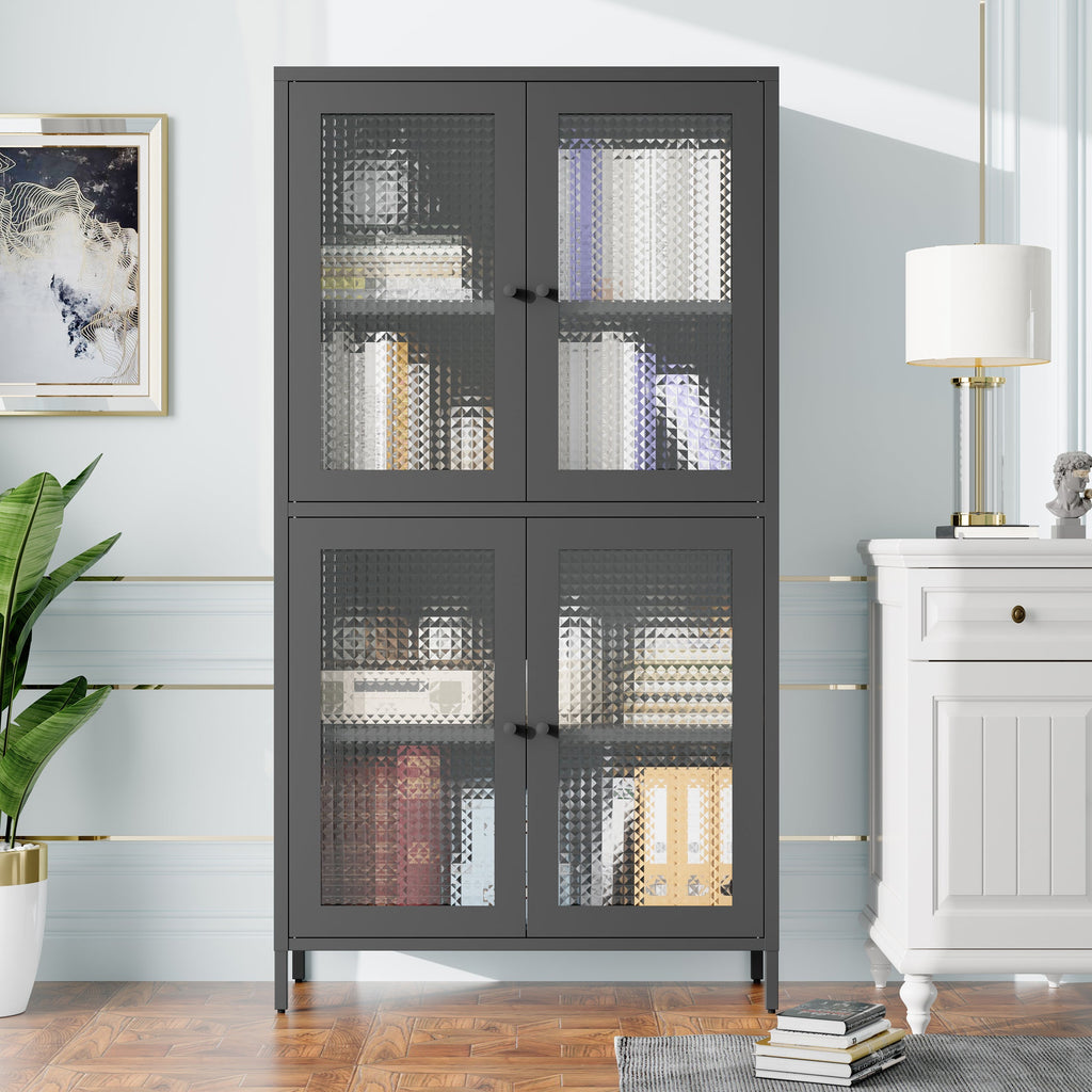 Classic Metal Storage Cabinet Display Cabinet with 4 Glass Doors 4 Shelves Cabinet  Bookcase Side Cabinet for Home Office Living Room Kitchen Hallway - Black, Waffle Grids Tempered Glass